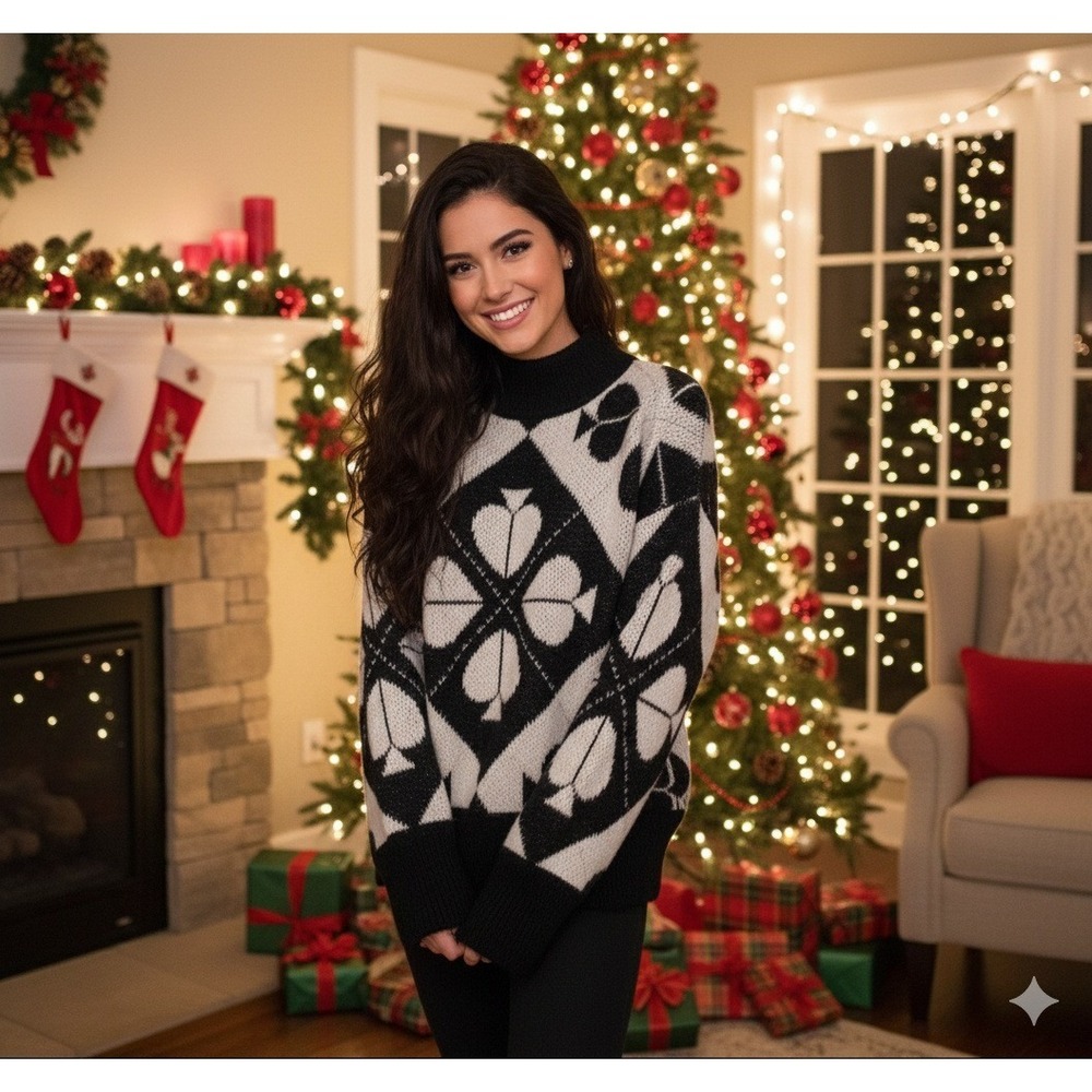 Kate Spade Spade Playful Mock Neck Geo Sweater‎ Black White Sparkle Knit XS Nwot